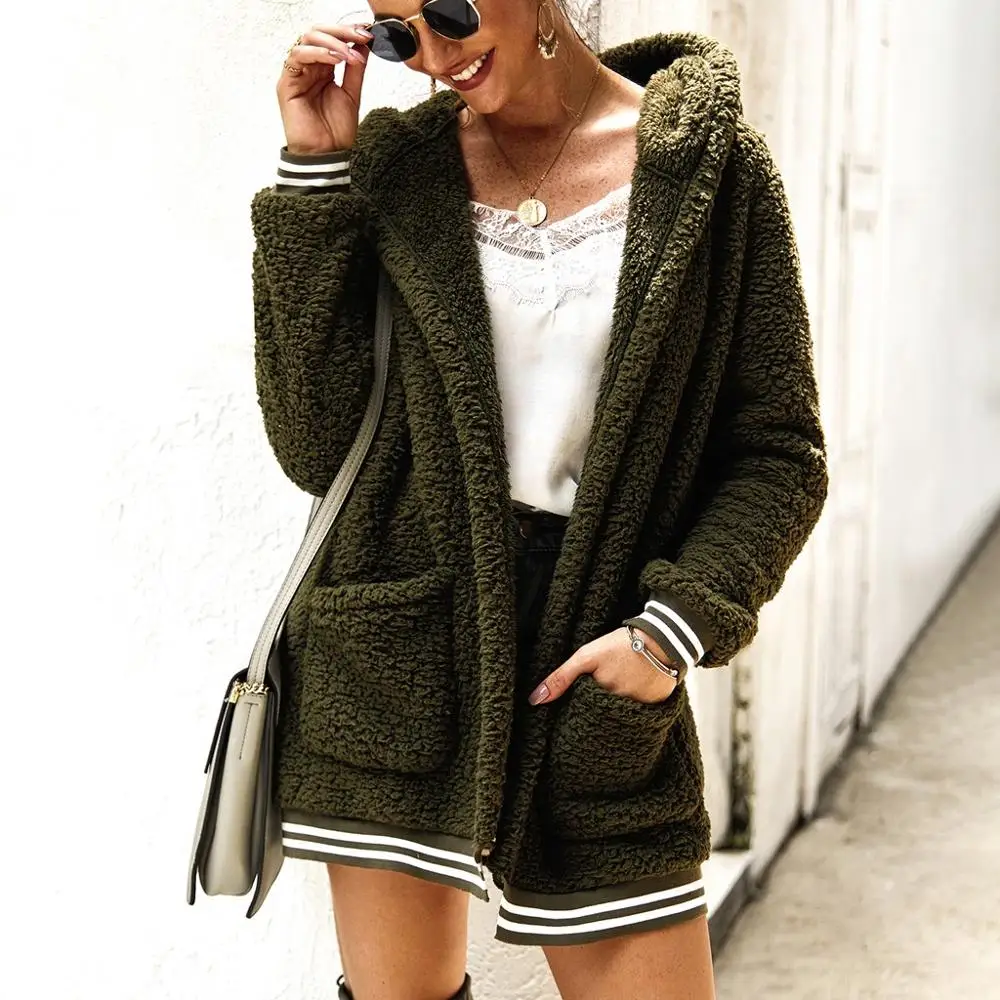 

Women Teddy Bear Jacket Faux Fur Coat Autumn Winter Long Sleeves Cardigan Hooded Warm Coat Casaco Inverno Feminino #2B20