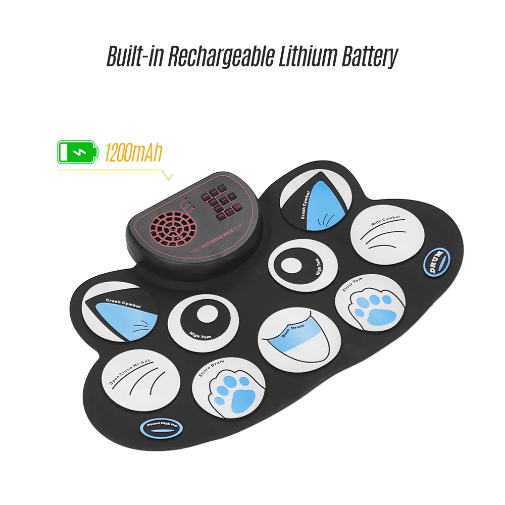 

Practice 9 Pads Roll Up Digital Drum USB Built-in Speaker Lithium Battery Electric Drum Set with Drumsticks and Foot Pedals