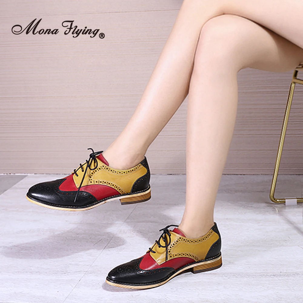 Mona Flying Women's Oxfords Wingtip Chic Leather Hand-made Comfort Multi Color Derby Casual Flat Lace-up ladies Shoes B098-6