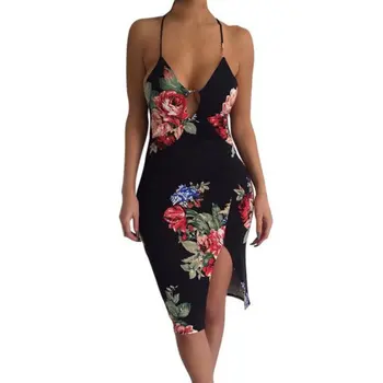 

deep V Backless bandage sexy dress Strap Sheath floral print summer dresses Casual party short dress