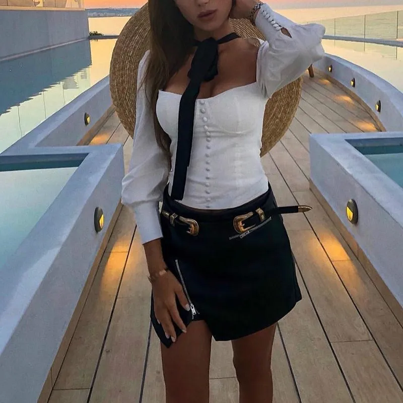 

Women Elegant Patchwork Short Blouse Office Casual Long Sleeve Slim Blouse Puff Sleeve Square Collar Lace Up Button White Shirt