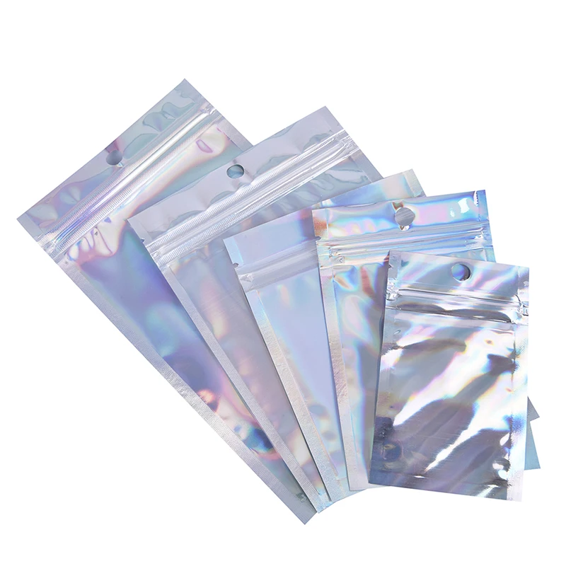 10Pcs Iridescent Zip lock Pouches Cosmetic Plastic Laser Holographic Zipper Bags Self Seal Envelopes Gift Bags