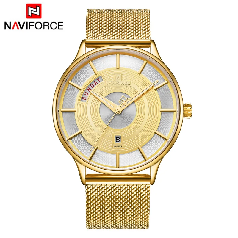 NAVIFORCE Мужские Аналоговые кварцевые часы от ведущего бренда, мужские Модные Роскошные бизнес часы из нержавеющей стали, повседневные спортивные водонепроницаемые часы - Цвет: Golden