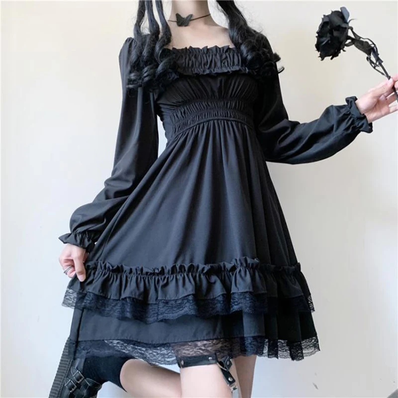 Zoki Elegant Princess Mini Dress Autumn Lolita High Waist Sexy Black Lace Plus Size Dress Gothic Puff Sleeve Party Vestidos plus size dresses