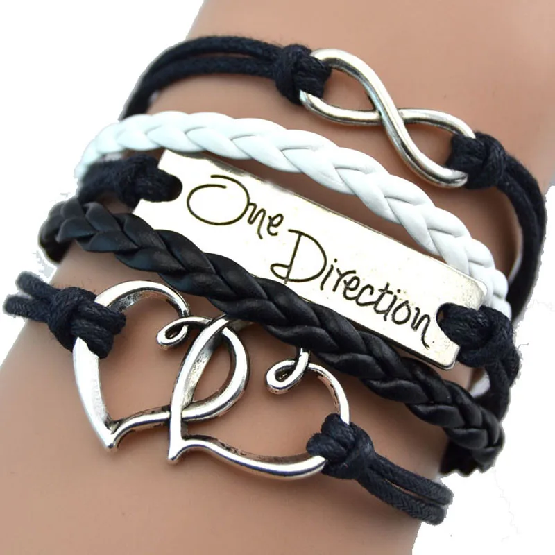 Pulsera de cuero de cuerda de una dirección para hombre, brazalete Vintage de bronce, doble Corazón, acero inoxidable