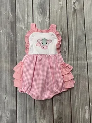 Vêtements d'été pour filles, barboteuse rose à carreaux, sans manches, motif brodé tête de taureau, barboteuse pour bébés 