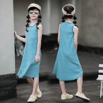 

vestido 2020 Summer Girls Casual Dresses Kids Blue Stripes Vest Dresses for Teen Girls Pure Cotton Sleeveless Sundress For 4-16