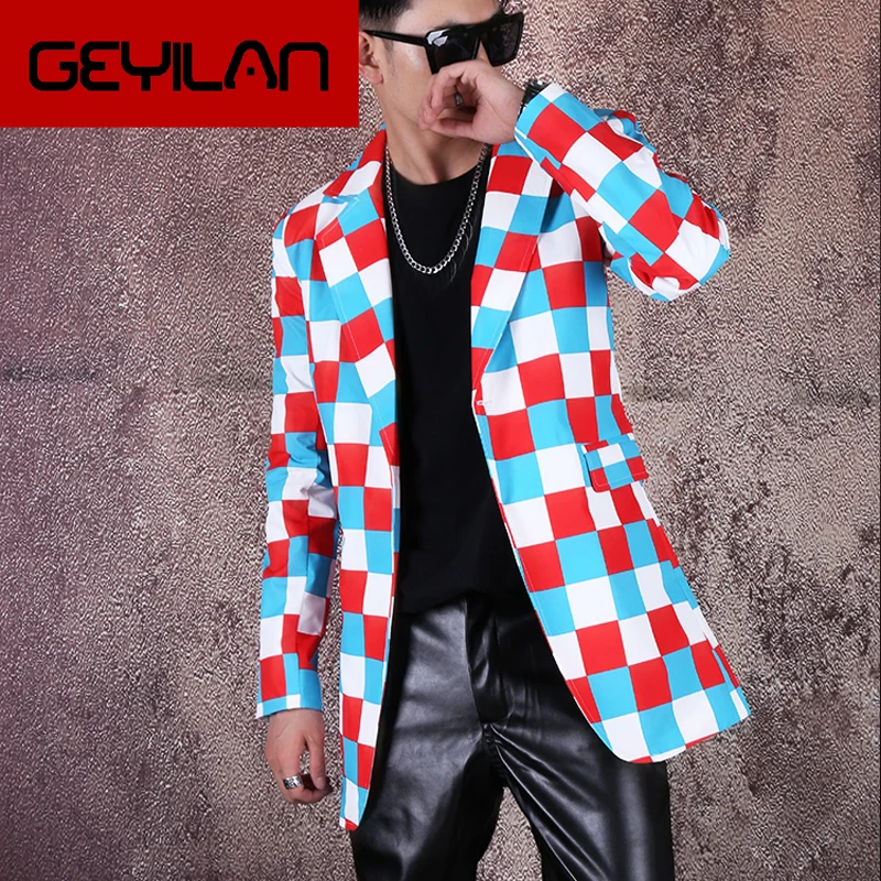 

Hip Hop Tide Colour Lattice Suit Long Suit Tide Male Joker Leisure Time Suit Loose Coat Full Dress Chaqueta Hombre Formal