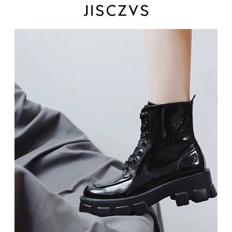 

JISCZVS Punk Style Black Women Ankle Boots Thick Heel Creepers Riding Boots Lace Up Autumn Botas Mujer Platform Rubber Shoes