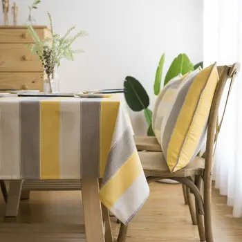 

American Style Stripe Tablecloth Waterproof Decorative Table Cloth Yellow Grey Stripe Rectangular Dining Table Cover Tablecloths
