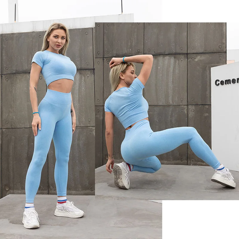 Women Yoga Set Seamless Fitness Suit Gym Clothing Shorts Workout Crop Top Sport Shirt Solid Pant High Waist Leggings Running Bra