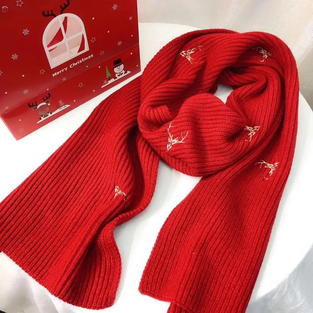 

Autumn Winter Women Scarf Shawl Red Christmas Gift Embroidery Elk Warm Scarf All Match Soft and Skin-friendly Scarf