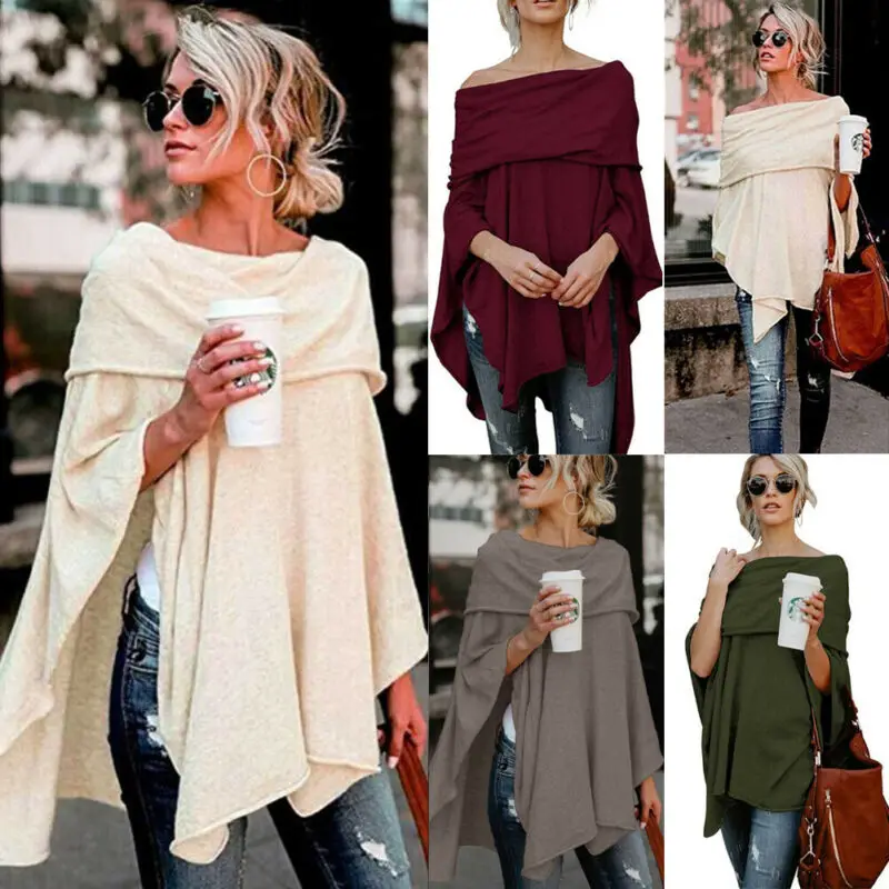 

Fashion Women Off Shoulder Casual Solid Blouse Tops Irregular Cloak Poncho Pullover Top Batwing Sleeve Loose Asymmetrical Jumper