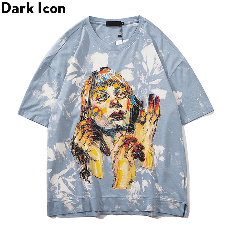 

Dark Icon Tie Dyeing Character Print Street T-shirt Men Women 2020 Summer Crew Neck Oversized Tee Shirt Men's Tshirts