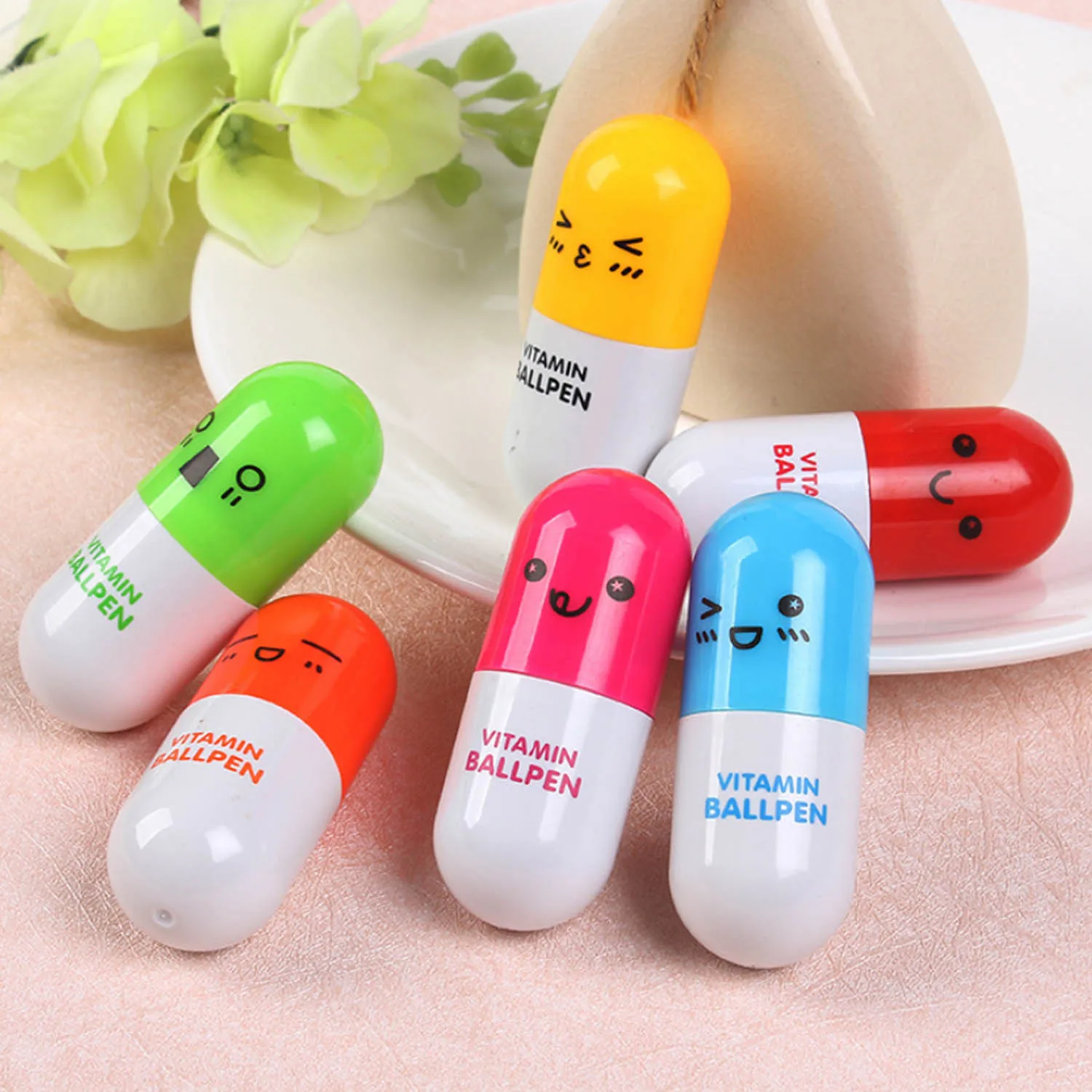 

12pcs Cute Pill Capsule Telescopic Ball Point Ballpoint Pens Ballpen with Cute Cartoon Emoticon for Home Office School Supplies