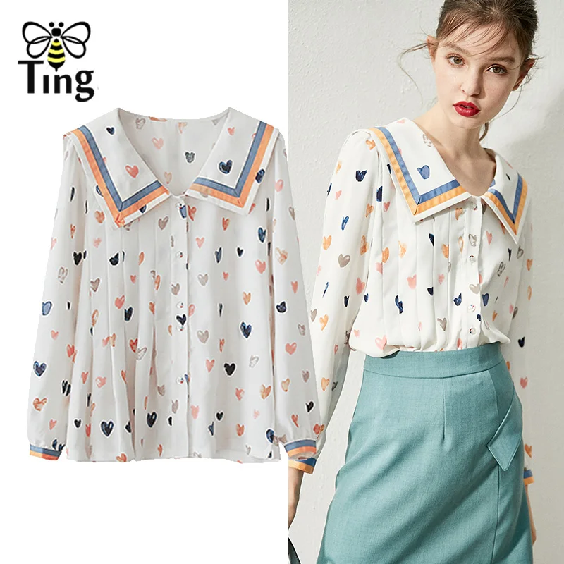 

Tingfly Preppy Style Heart Love Print Women Blouses Full Sleeve Peter Pan Collar Front Pleated Female Shirt Blouses Tops Casual