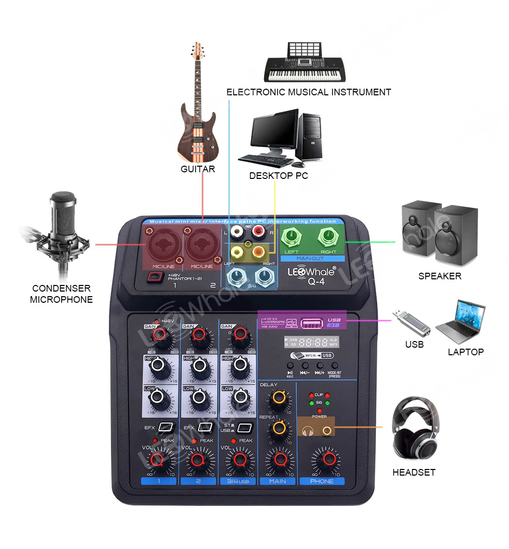 Console de Mistura de Áudio com Bluetooth Monitor para pc Leoshort Phantom Power in Ear Gravação Guitarra Som dj Usb 48v - Image 5