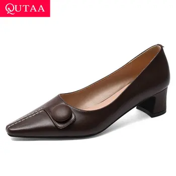 

QUTAA 2020 Sewing Pointed Toe Cow Leather Comfort Ladies Pumps Spring Autumn Square Heel Shallow Women Single Shoes Size 34-39