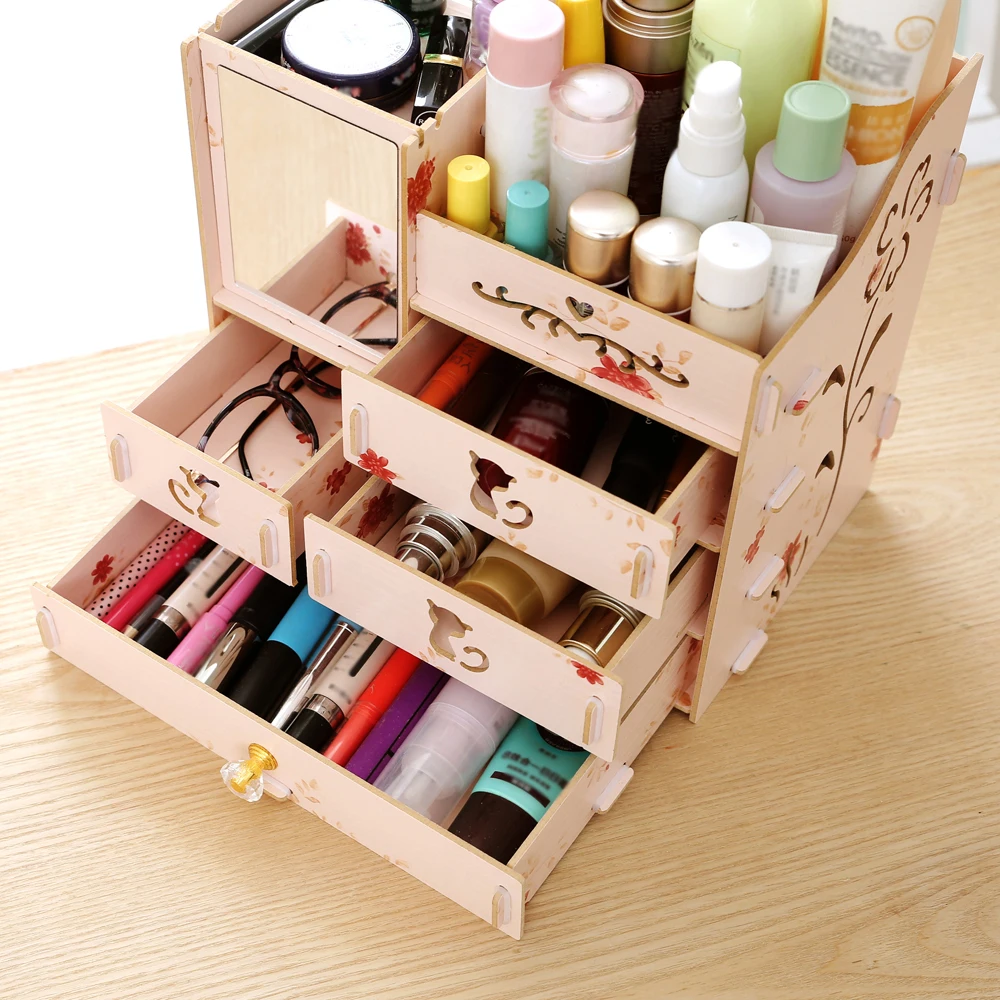 

Hot New Makeup Cosmetic Storage Box Desktop Storage Box Assembly Wooden Large Capacity DIY Jewelry Container Organizer with Mirr