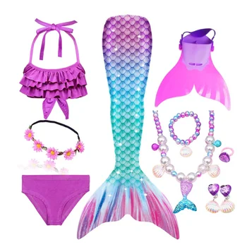 Girls Rainbow Swimming Mermaid Tail Cosplay Mermaid Costume Swimsuit With Monofin Fin Flipper Kids Swimmable Child Swimwear Set
