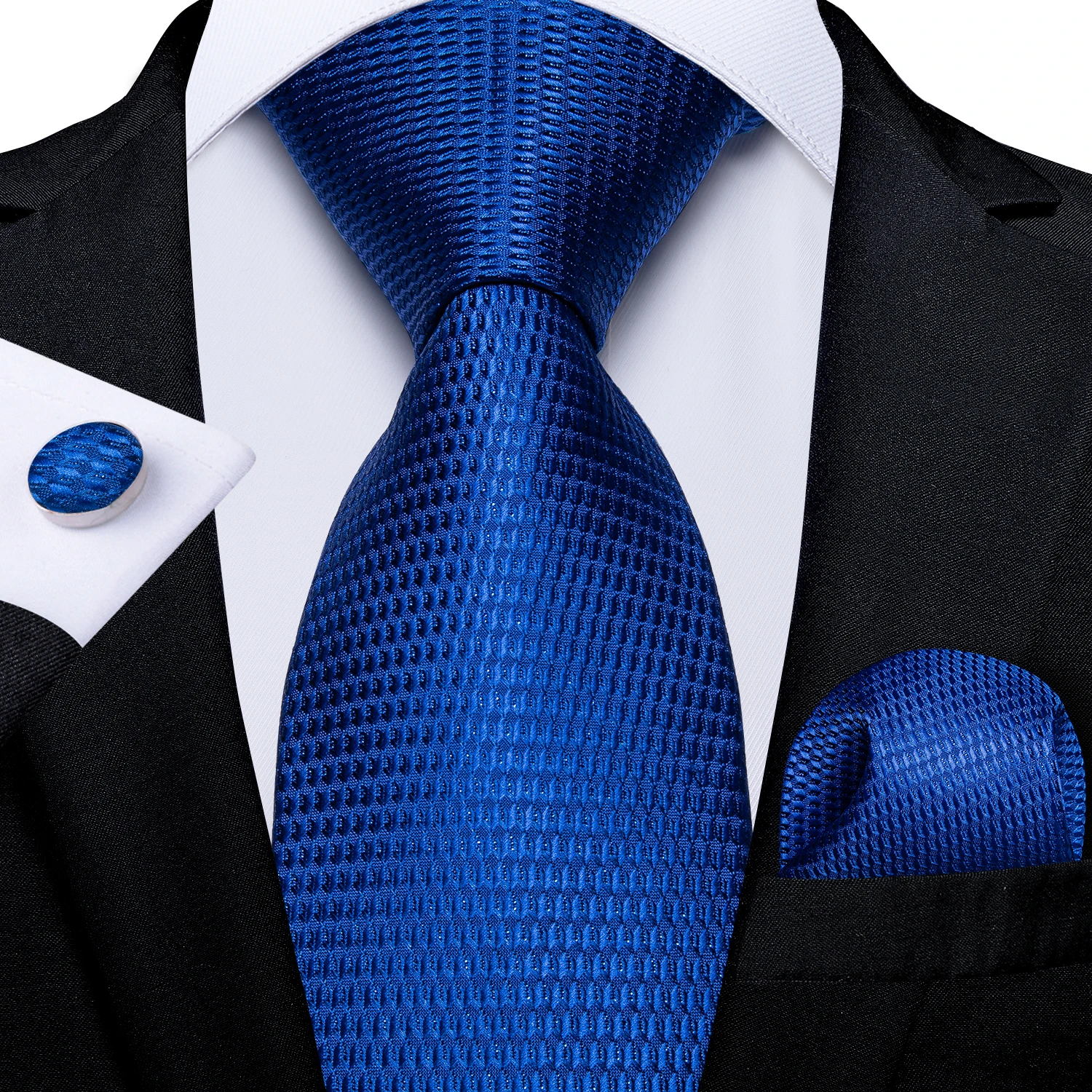 Luxuriöse blaue karierte Krawatten für Herren, solide Hochzeitsaccessoires, Krawatte, Einstecktuch, Manschettenknöpfe-Set, Gravatas, Herren-Geschenk von DiBanGu – Detail 3