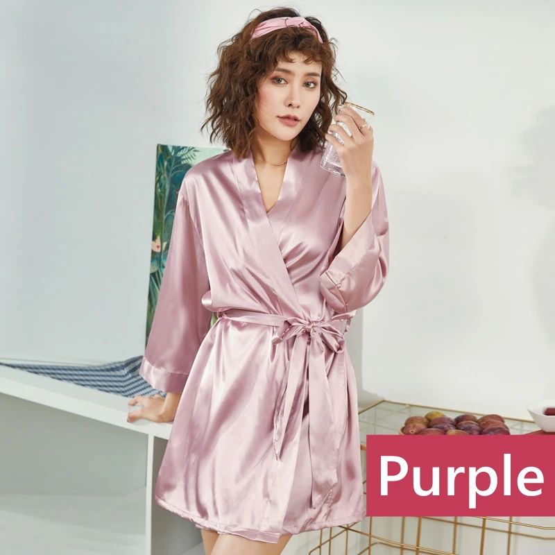 purple Элегантное свадебное утреннее платье для женщин, имитация шелка, v-образный вырез, темперамент, длина до колена, чистый цвет, летняя Высококачественная тонкая ночная рубашка - Цвет: purple