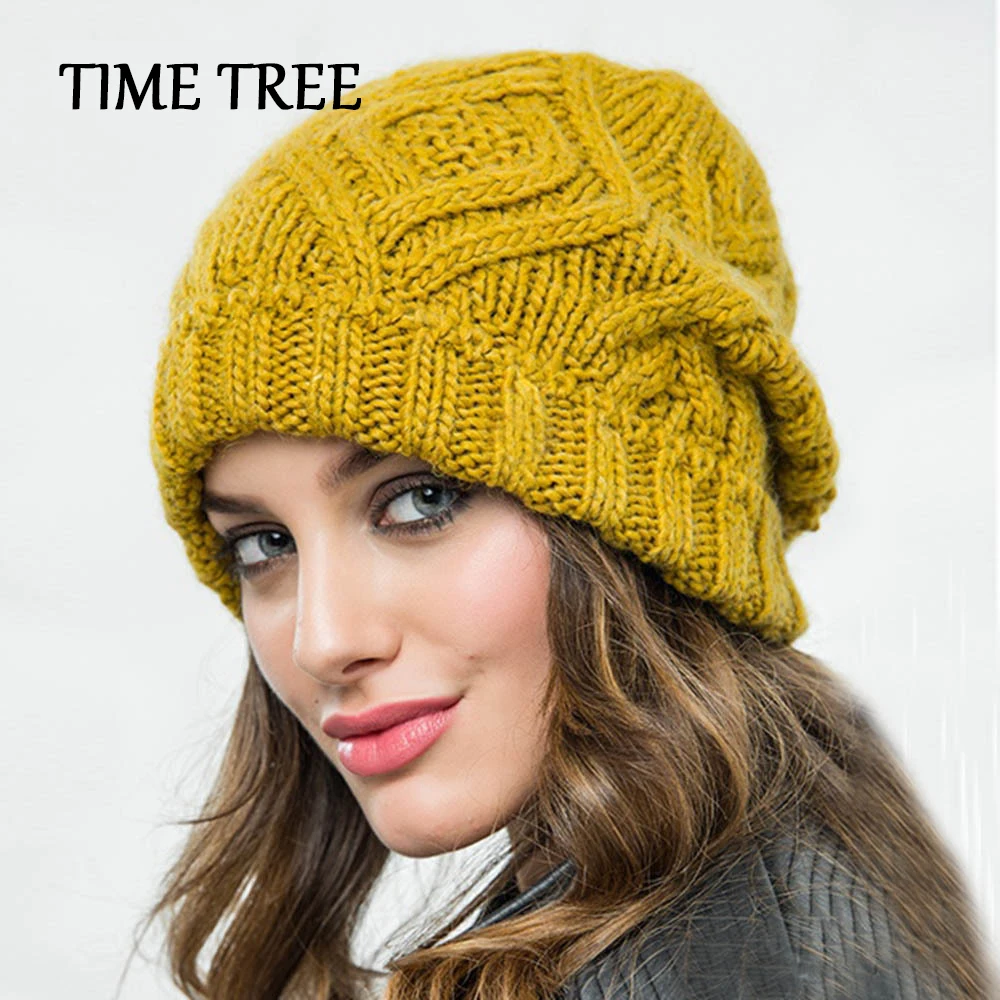 

TIME TREE 2020 Wool Winter Cap Women Solid Thicken Wool Knitted Soft Beanies Yellow Gray Hats Outdoor Casual Hats&Caps Berets