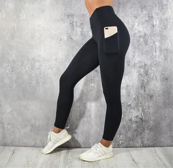 

Black Solid Sport Workout Leggings for Women with Pocket Elastic High Waist Push Up Plus Size Running Pants for Fitness Gymwear