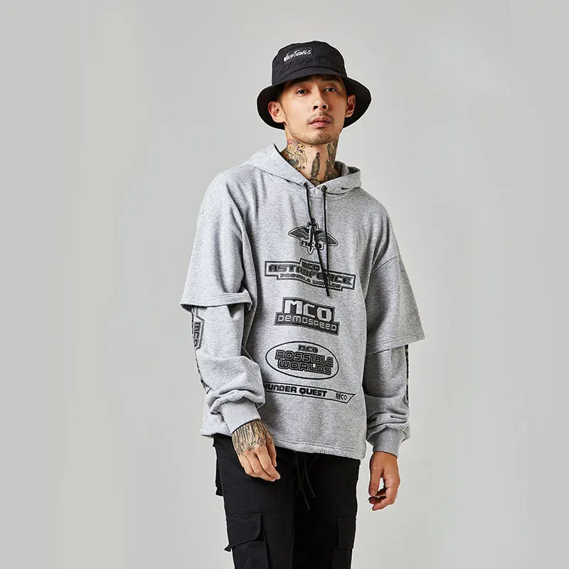 

2019 Men's Summer New Casual Simple Fake Two-piece Hooded Loose Temperament Trend Cotton Hoodies Harajuku Streetwear