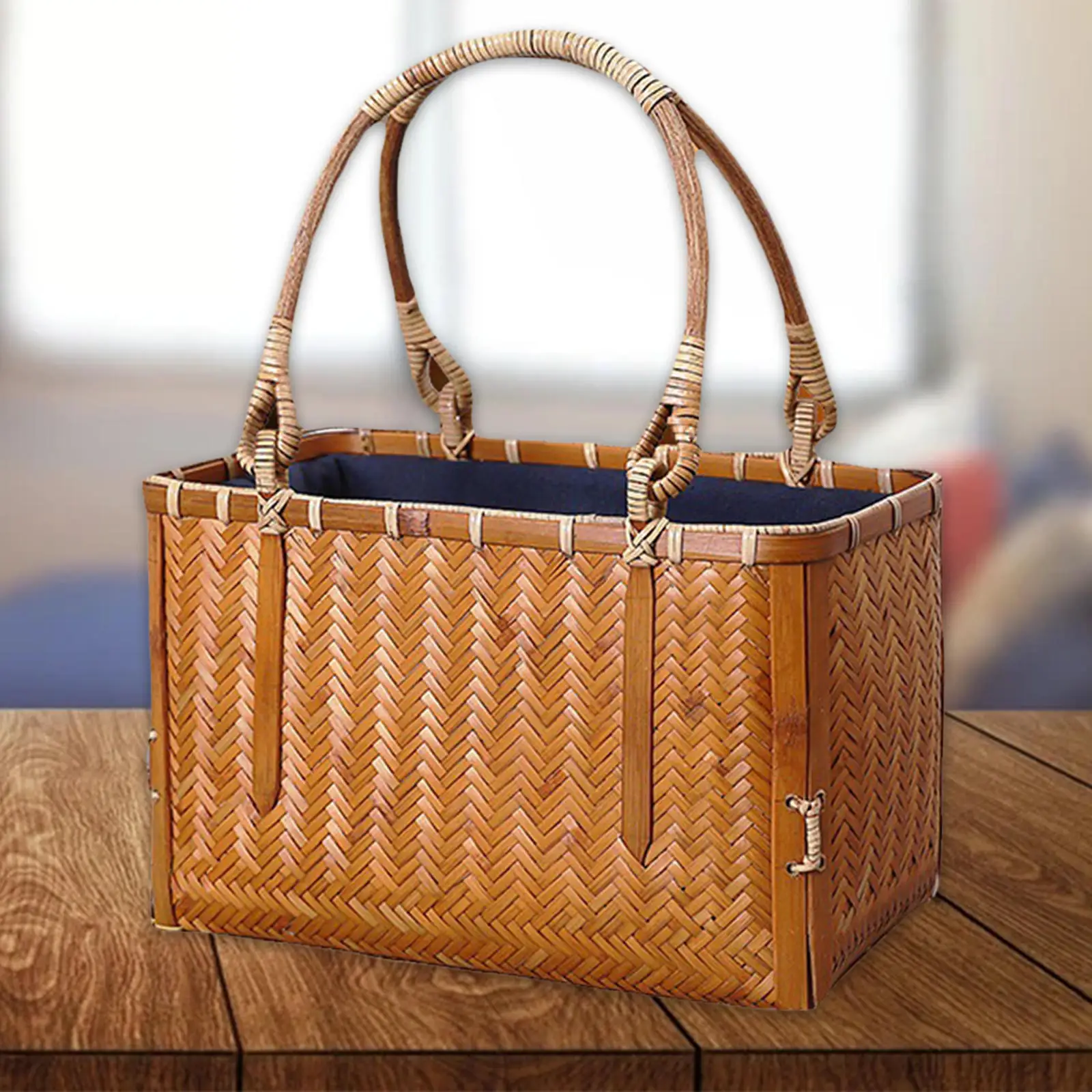 Women's Top Handle Natural Bamboo Handbag Natural Basket Bag Outdoor Storage Bag Handmade Straw Bag 24x13x16cm Tote Bag