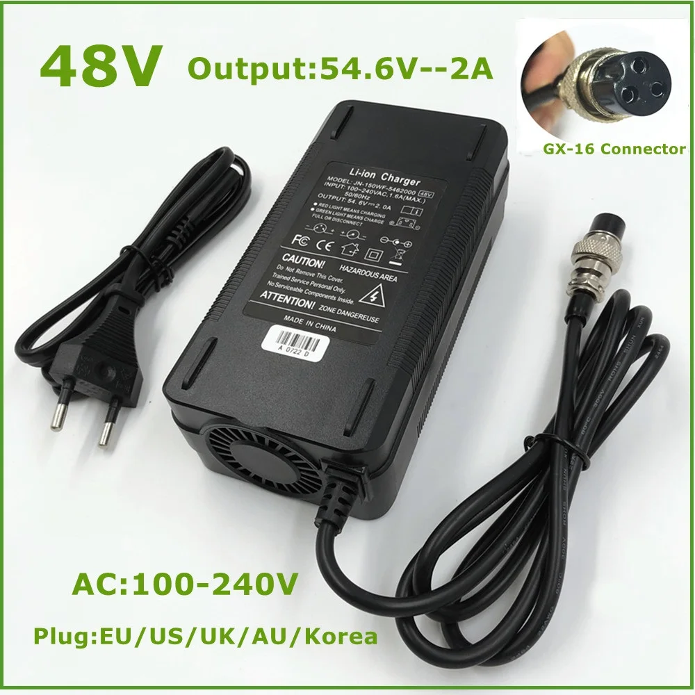 리튬 이온 배터리 충전기 출력 54.6V 2A, 48V 전기 자전거 리튬 배터리 팩, 3 핀 암 커넥터, GX16 XLRF 소켓