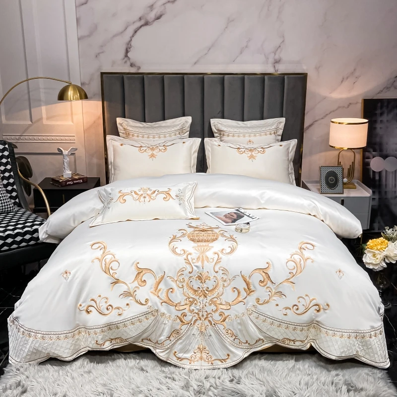 Luxury Gold Royal Embroidery Satin Silk Cotton Bedding Set Smooth Silky Double Duvet Cover Set Comforter Cover And Pillowcases