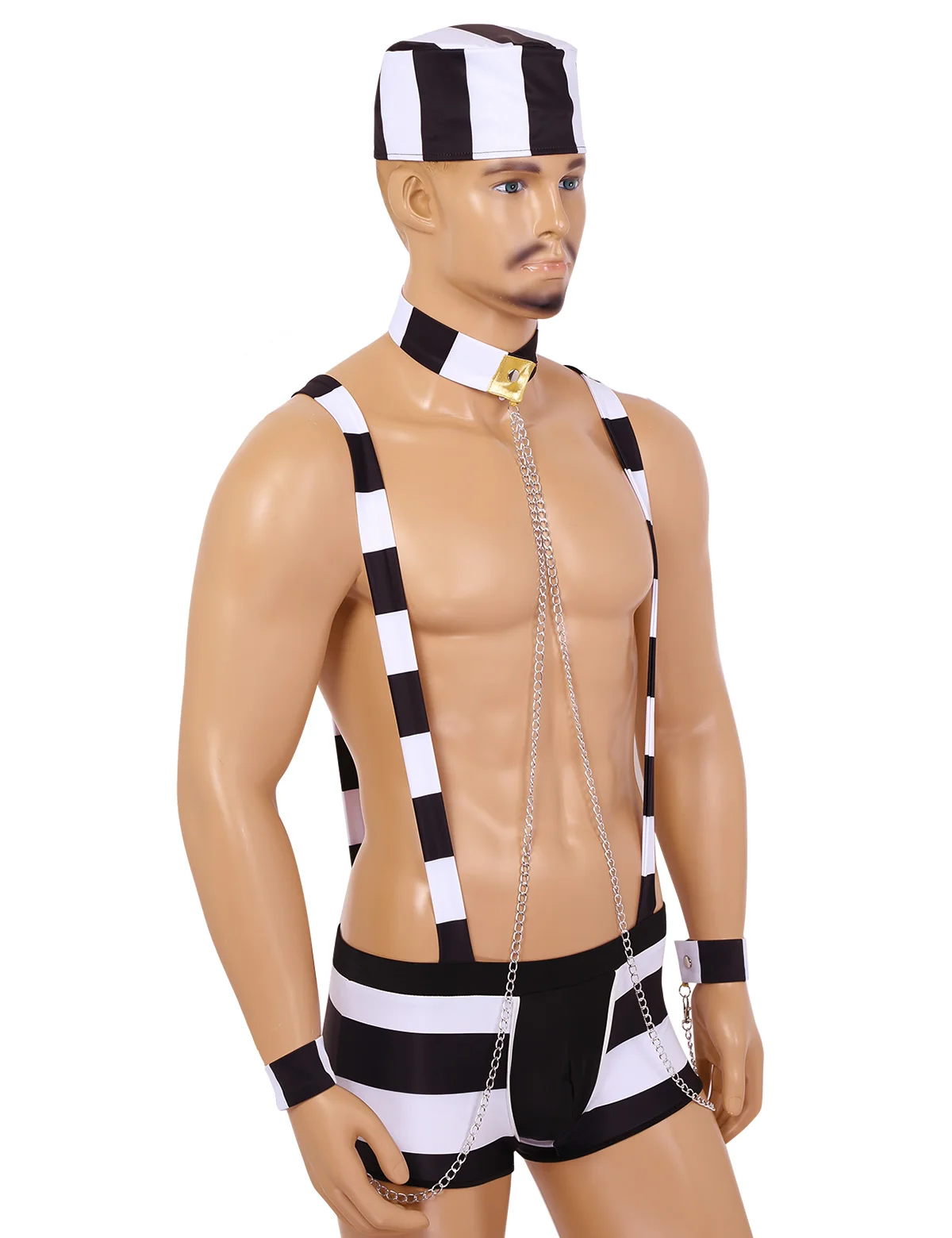 Сексуальный мужской костюм для взрослых; костюм для ролевых игр; костюм для Хэллоуина; комплект нижнего белья; шорты-боксеры на подтяжках с воротником-шляпой и браслетом