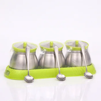

1 Set Stainless Steel Seasoning Jar Creative Kitchen Seasoning Jars Salt Jar Condiment Flip Cover Bottle With Spoon Tray