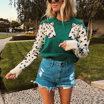 

Foridol Animal print casual warm pullover women Black loose basic streetwear short sweater Knitted jumper autumn winter sweater