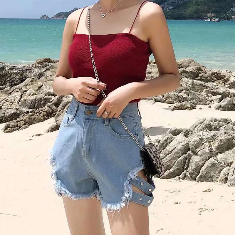 Side studded denim summer shorts with holes and high waist culotte woman ftvogue button plus size harajuku punk hot | Женская одежда