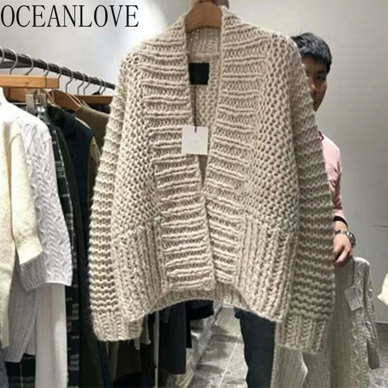 

OCEANLOVE Vintage Outwear Solid Loose V Neck Women Sweaters Warm Autumn Winter 2019 Cardigans All Match Chaqueta Mujer 12840