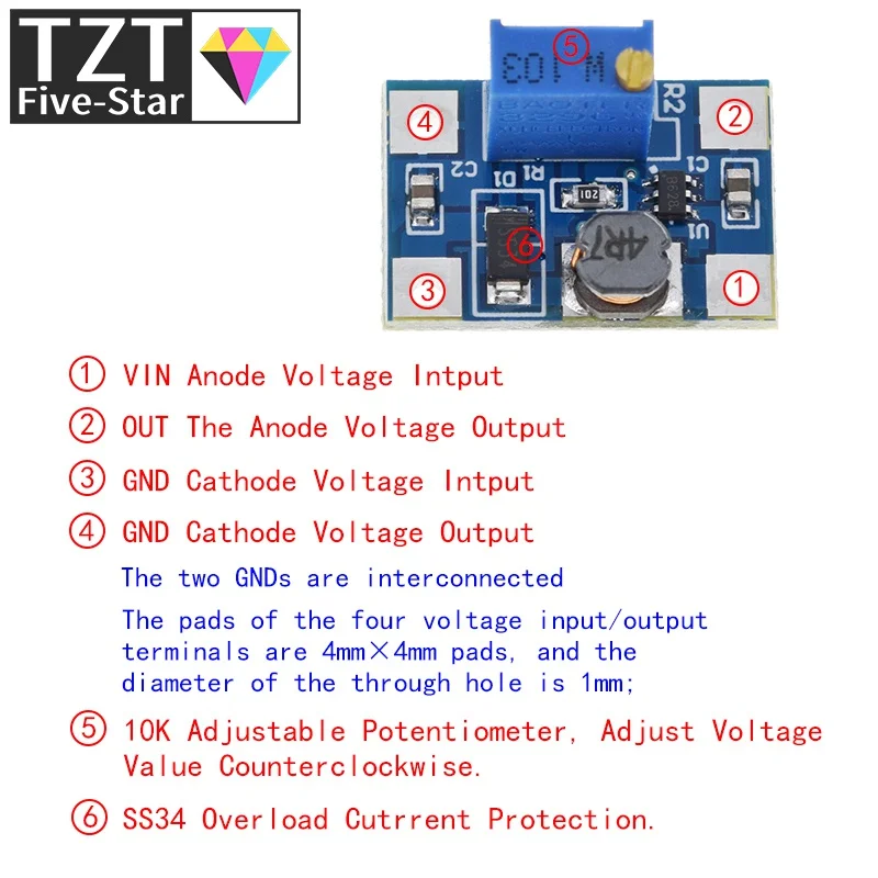 TZT 1/3/5PCS SX1308 2A DC-DC 2-24V zu 2-28V Step Up Einstellbare Power Modul Step Up Boost Converter für DIY Kit – Detail 5