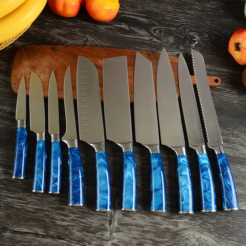 Japanese Style Stianess Steel Kitchen Knives Set Curved Blue Resin