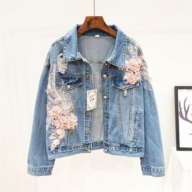 

Autumn New Fashion Beading Embroidery Short Jeans Jacket Women Holes Long sleeve Denim Jacket Coat Loose Student Outwear Female