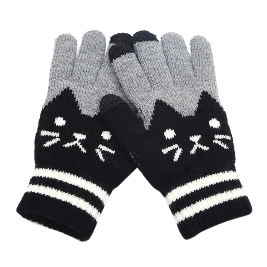 Новые модные зимние вязаные теплые зимние перчатки с рисунком кота, перчатки Wo для мужчин s, мужские варежки с пальцами для мальчиков и девочек, утепленные 103#3 - Цвет: BK