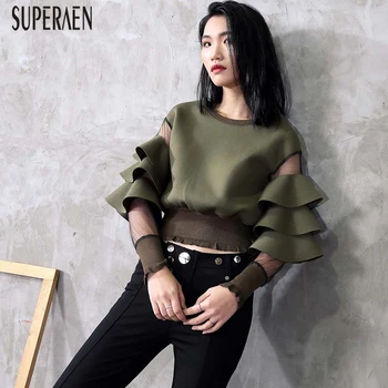 

SuperAen Europe Hoody Women's Splice Mesh Sweatshirts Solid Color Fashion Ladies Sweatshirts Ruffled Spring and Autumn New 2020