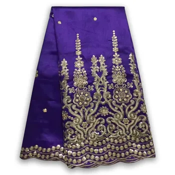 

African George Lace Indian Design Purple Nigerian Wedding Dress Tissu Sequined Gold Line Embroidered Guipure Lace Silk Fabric
