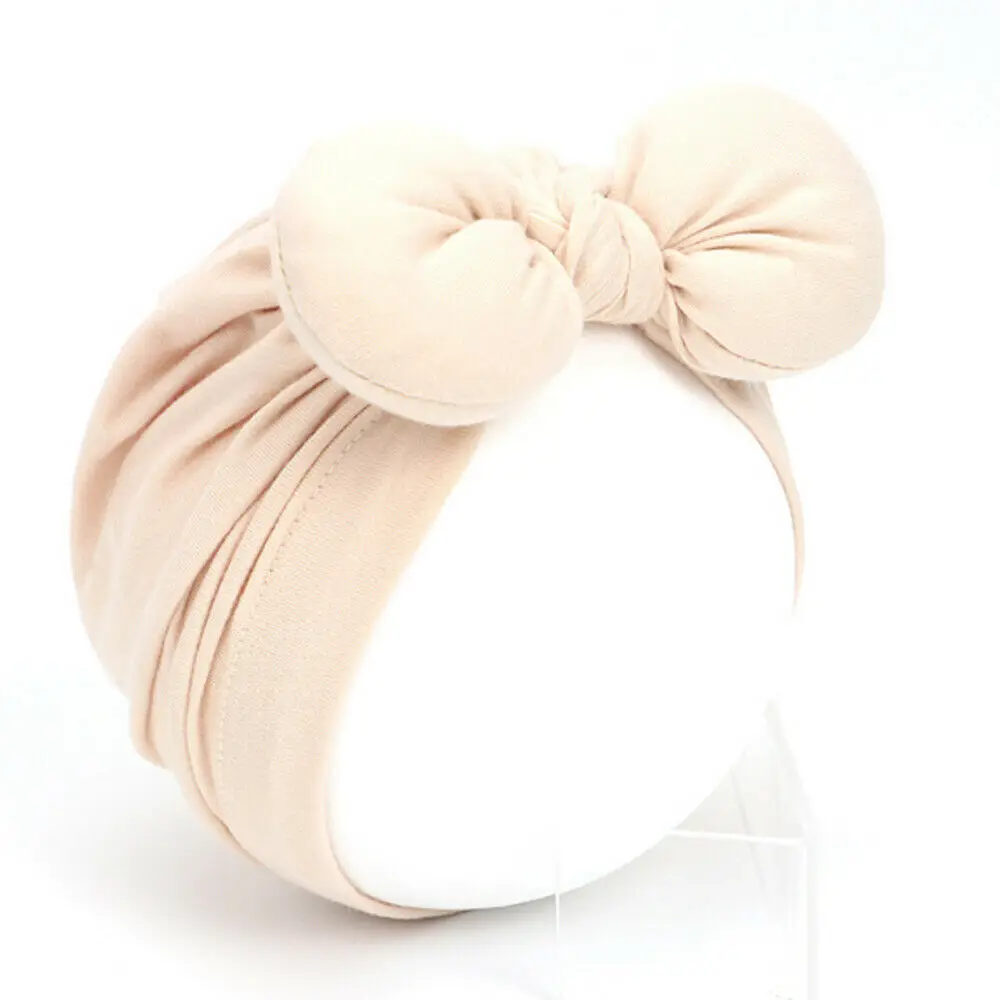 Beige Newborn Toddler Baby Girls Turban Soft Silk Beanie Big Bow Hat Cap Wrap Headwear Headband Hats Accessories Candy Color Cute - Color: Beige