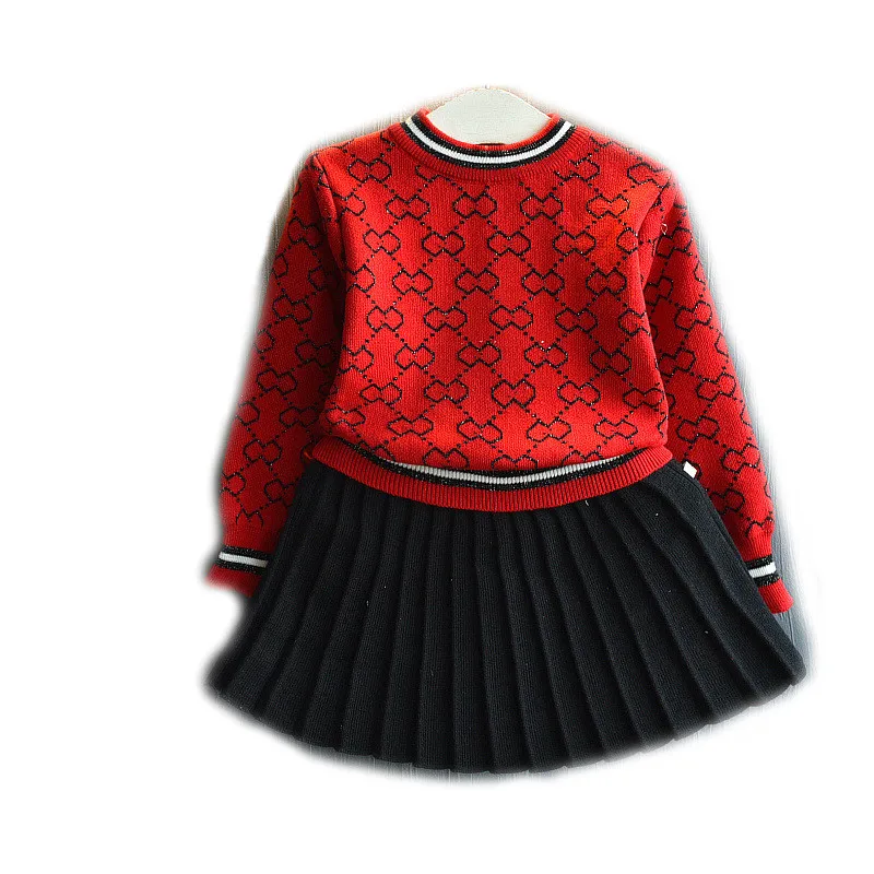 kids Spring and Autumn Wear Girls New Warm Sweater Knitwear+ Pleated Set Baby Plaid Print Knit Sweater Two-Piece Set - Цвет: red