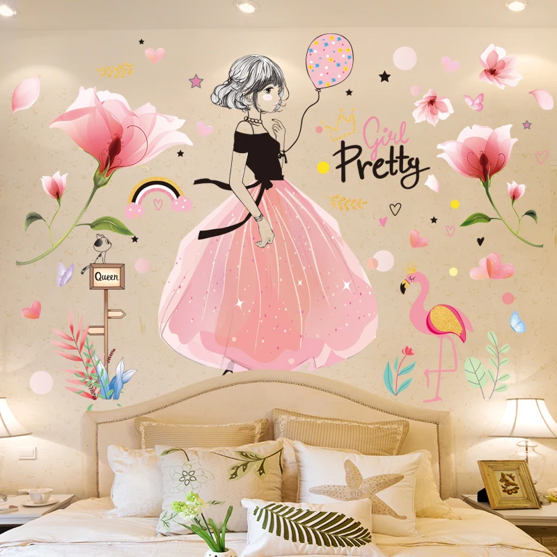 

[SHIJUEHEZI] Pretty Girl Wall Stickers for Kids Rooms Baby Bedroom Nursery Decoration Vinyl DIY Pink Color Flowers Wall Decals