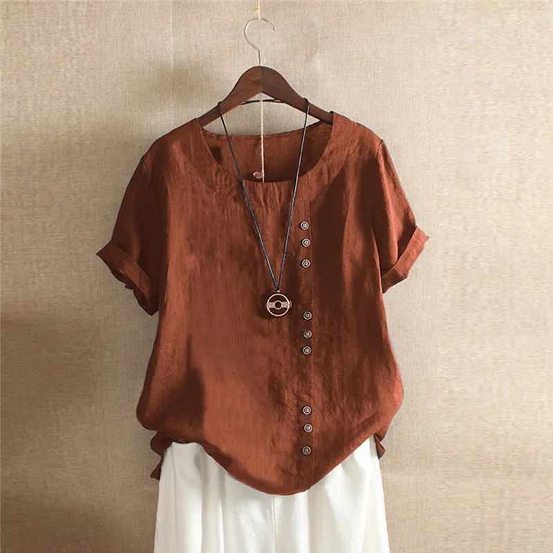 5XL Women Loose Button Plus Size Print Boho Tanic Shirt Casual o neck fashion new summer autumn hot Blouse Tops clothes - Цвет: summer Brown solid