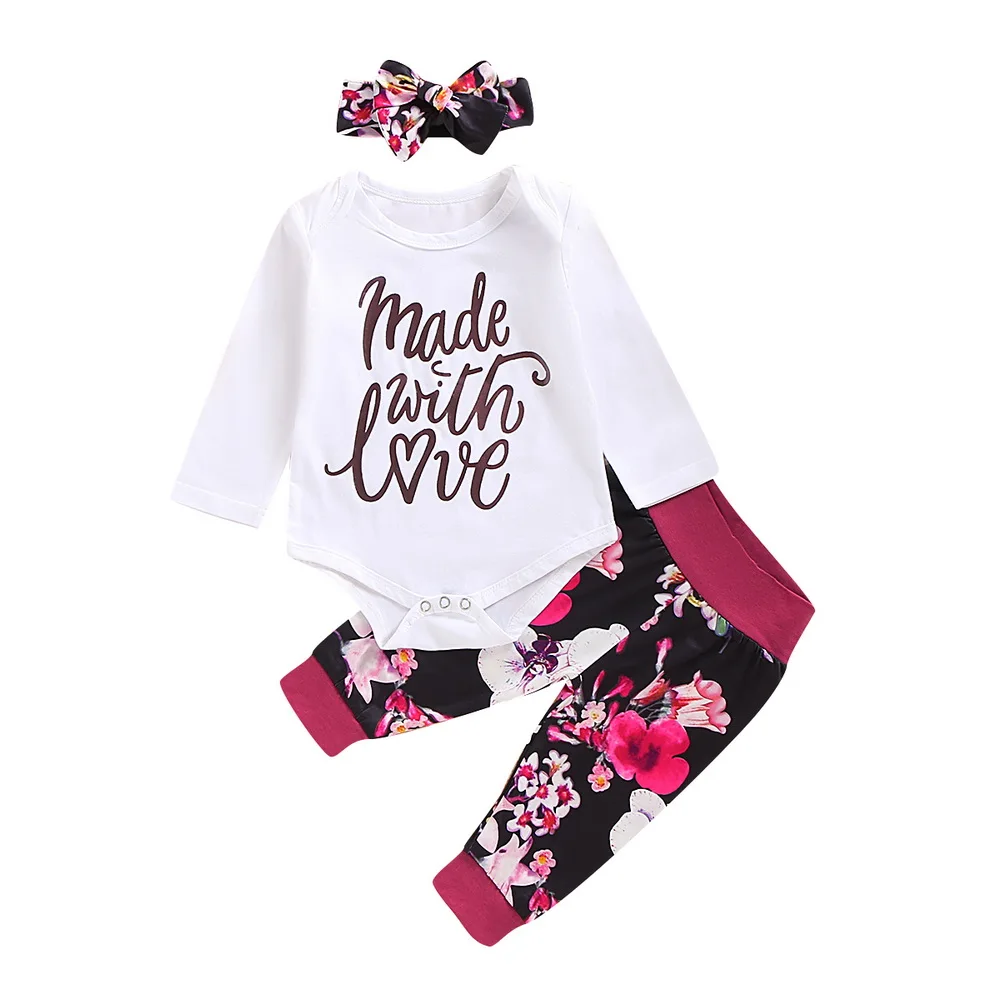 Брендовый осенне-зимний комплект одежды для новорожденных девочек из 3 предметов, комбинезон с длинными рукавами, топы, длинные штаны с цветочным принтом+ повязка на голову, D20
