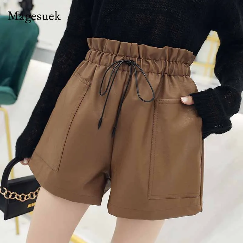 

2020 Autumn Korean Style PU Leather Shorts Elastic Fashion Loose Wide Leg Solid A-Line Lace Up Women's Shorts spodenki 10905