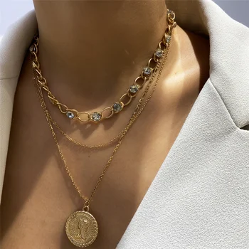 

Charm Carved Coin Pendant Necklace for Women 2020 Trendy Multi Layer Rhinestone Crystal Clavicle Choker Necklace Statement Jewel